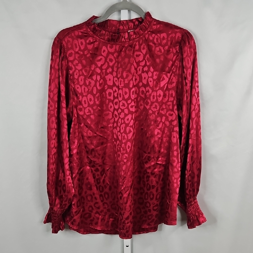 JODIFL Vibrant Red Burgundy Patterned Blouse Size Large